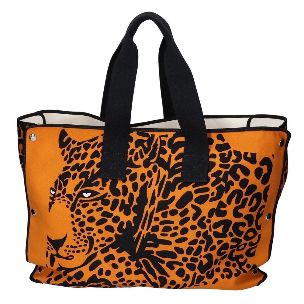HERMES Leopard Print Foldable Beach Bag, Travel Eco Tote Orange, Women's